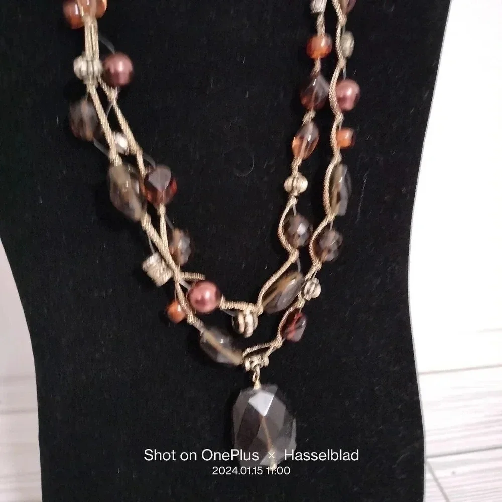 Antiqued Gold Tone Multi Strand Twisted Wire Glass Beaded Necklace